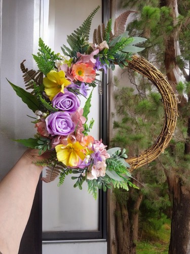 Handmade Autumn Wreath Purple Pink Fern Rose Artificial Fall Cottage Flowers - Picture 3 of 3