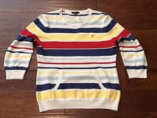 Tommy Hilfiger White Red Striped Girls Large Kangaroo Pocket V Neck LS Sweater