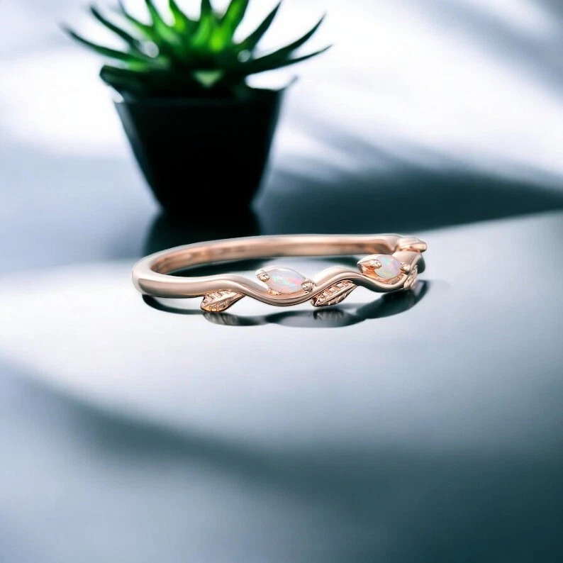 Opal wedding Band Opal Half Eternity Band Solid 14k Rose gold Band - Image 3 of 4