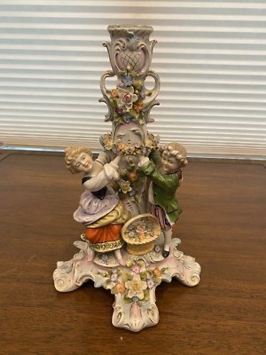 ANTIQUE Sitzendorf Dresden Boy & Girl Floral Scene Porcelain Candlestick 10.75''H