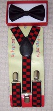 Kids Boys Girls Black Adj Pre-Tied Bow Tie Red Black Checkers Adj Suspenders-New