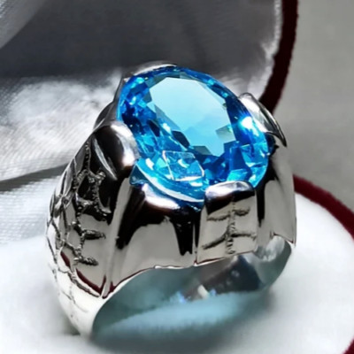 Blautopas Stein Ring Gravur Stein Design Ring Sterlingsilber 925 Qualität