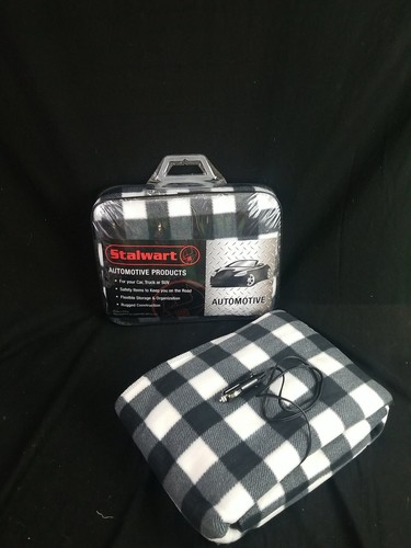 Electric Car Blanket- Black/White Heated 12V Polar Fleece Travel Throw 59 x 43