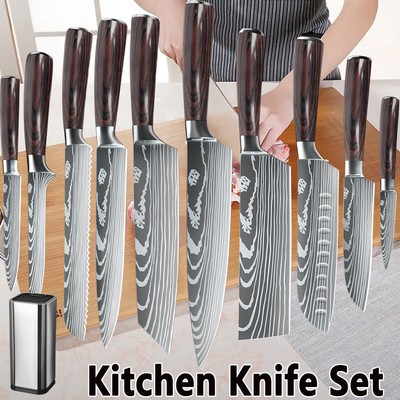 1-12PCS Kitchen Knife Set Damascus Pattern Stainless Steel Cleaver Chef Knife US