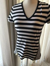 Michael Kors Striped V Neck Shirt Short Sleeve Zipper Sides Black White Capsule