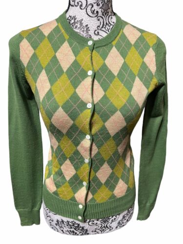 J. Crew Women’s Size XS 100% Merino Wool Green Argyle Button Cardigan - Afbeelding 1 van 11