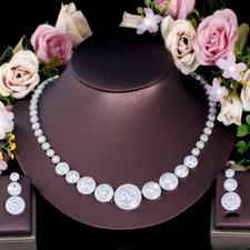 Silver Plated Big Round Cubic Zirconia Wedding Necklace and Earrings Jewelry Set