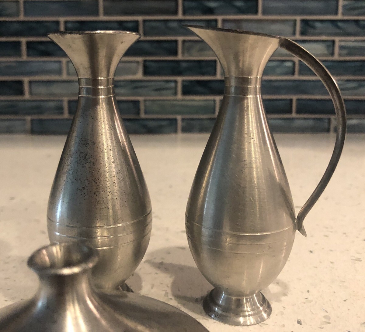 Set Of 3 Selangor Pewter Bud Vase & Spouted Pitchers 3 7/8”Tall