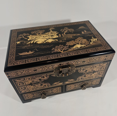 Chinese Asian Lacquered Jewelry Box w/ Drawers Tray Black and Gold Includes Lock