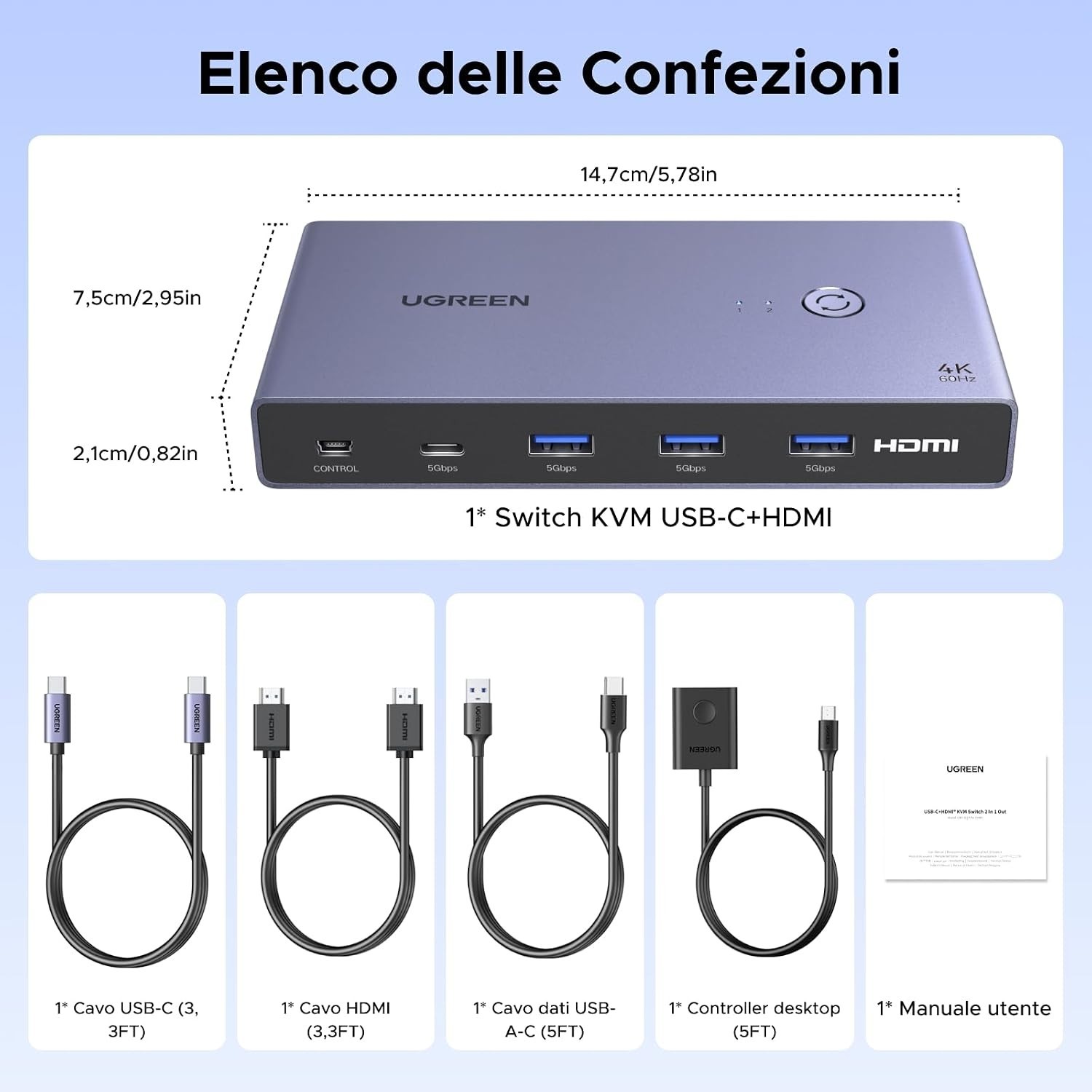 UGREEN Switch KVM USB-C+HDMI per 2 PC