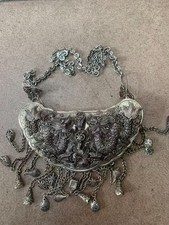 Wonderful Large Tibetan Silver Necklace W/Large Silver *2Dragons* Pendant