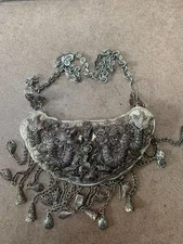 Wonderful Large Tibetan Silver Necklace W/Large Silver *2Dragons* Pendant