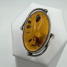 Honey Genuine BALTIC AMBER Cabochon Sterling Silver Handmade Ring Sz 6.75