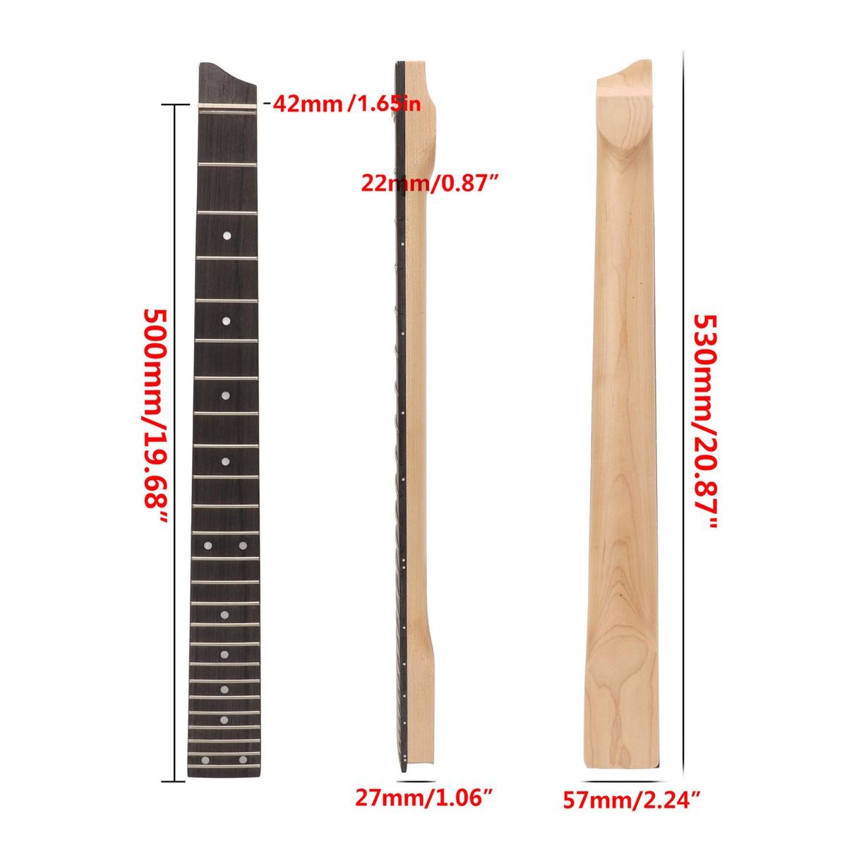 Headless Electric Guitar Neck - 25 Fret Maple With Rosewood Fingerboard, Matte Finish, Side Dots, For 6-String Travel Guitars
