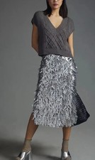 NEW ANTHROPOLOGIE OVAL FRINGE SEQUIN PENCIL MIDI SKIRT OPTIC SILVER SZ 8 NWT