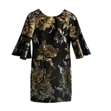 Trina Turk Black Gold Floral Print Bell Sleeve Sheath Dress Size 2