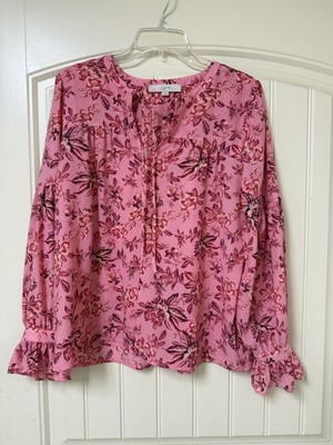 LOFT women s Pink Floral Split-Neck Long-Sleeve Blouse size M