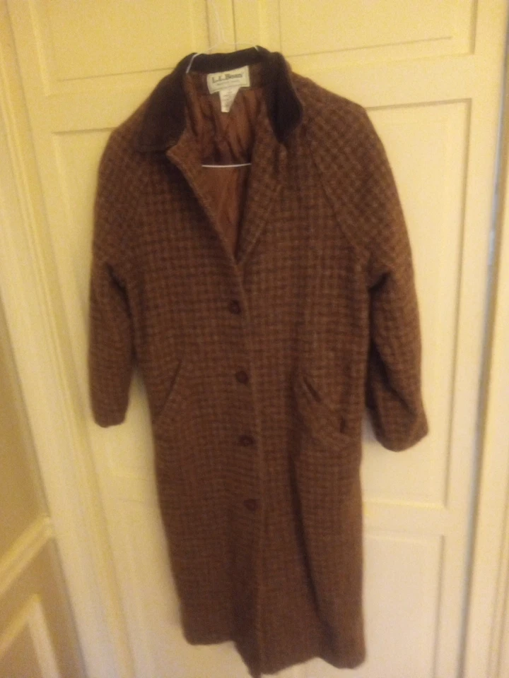 Abrigo largo de lana marrón LL Bean de colección para mujer talla mediana pequeña pata de gallo Foto 3 de 4