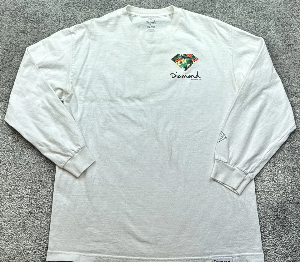 Camisa Diamond Supply Co Para Hombre Grande Blanca Manga Larga Floral Diamante Gráfico Espalda Foto 2 de 4