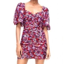 Zara Floral Ruched Mini Dress Red Purple Puff Sleeve Sweetheart Women's XS
