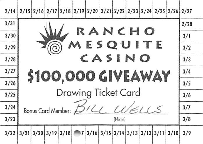 Rancho Mesquite Casino - Mesquite, NV - Paper $100,000 Giveaway Drawing Ticket