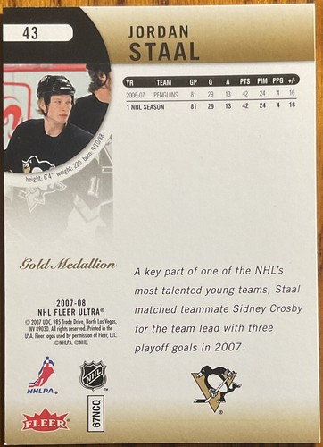 2007-08 Fleer Ultra Gold Medallion Jordan Staal #43 Pittsburgh Penguins - Picture 2 of 2