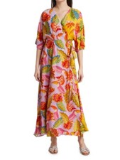 Farm Rio Anthropologie Women Wrap Dress Mixed Beaks Bananas Preppy Maxi Sz S New