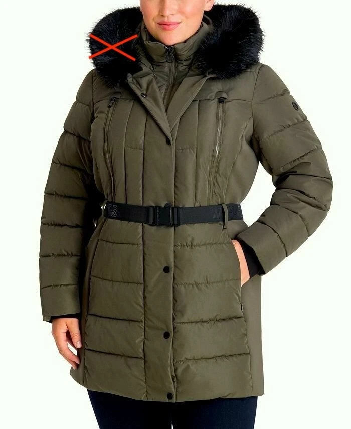 Cappotto imbottito Michael Kors verde con cintura e cappuccio V4404 donna taglie forti 3X (NO PELLICCIA)
