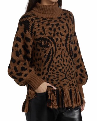 Anthropologie Farm Rio Leopard Fringe Sweater Caramel Midnight