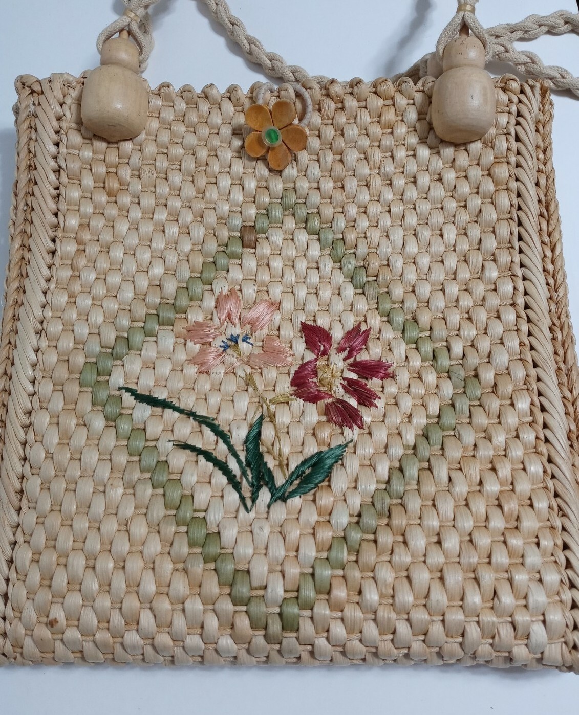 Vintage Handmade Woven Water Hyacinth Straw Shoulder Bag Purse Floral ...