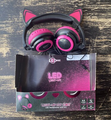 LeDeez Light-Up Cat Ears LED Headphones with Mic AUX Compatible Pink