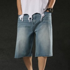 Men 3/4 Length Baggy Denim Shorts Skateboard Hip Hop Jeans Cropped Short Pants