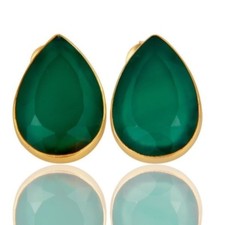 Gold Plated 925 Sterling Silver Natural Green Onyx Tiny Stud Earrings Jewelry