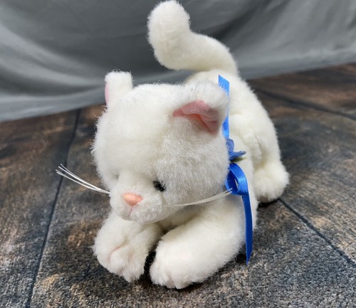 Avon 9” White Fluffy Cat Plush With Blue Ribbon & Flower!