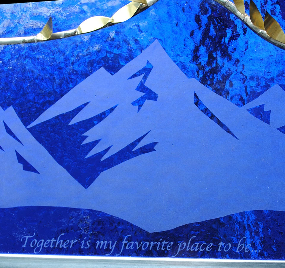 Stained Glass Window Panel two trees beveled blue mountain - Image 4 of 4