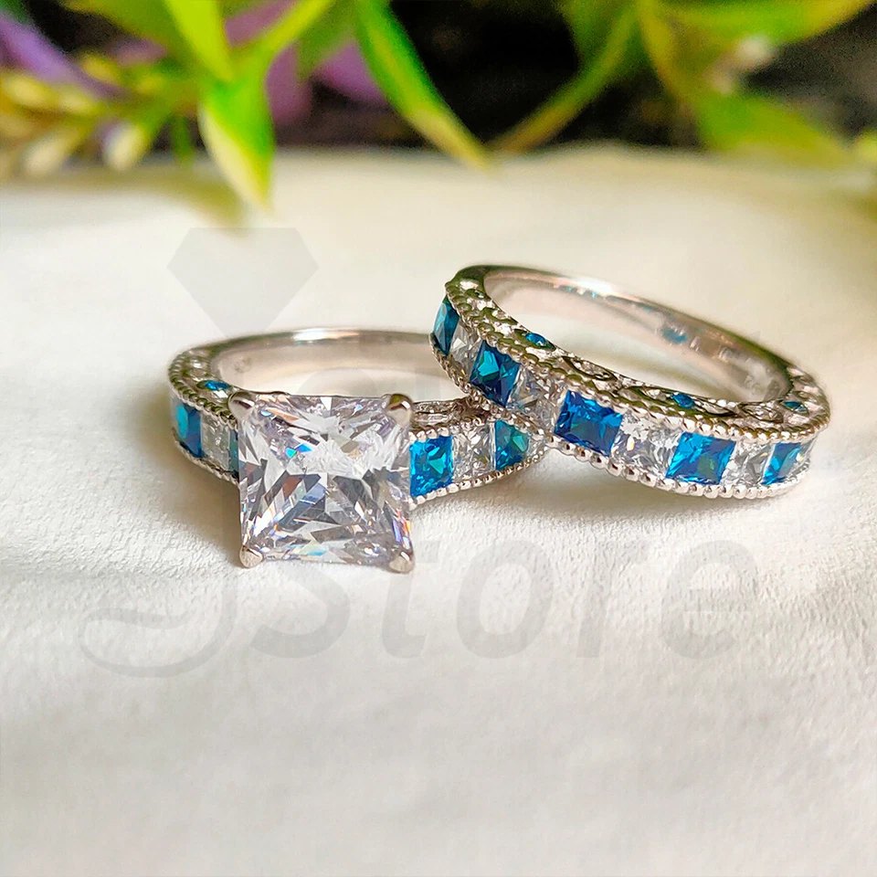 2 Karat Princess Vintage Braut Ring Set Trauring Verlobungsring Weißgold-Finish - Bild 3 von 4