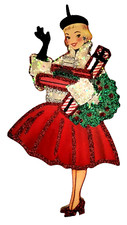 50'S WOMAN w WREATH & GIFT BOXES * Glitter CHRISTMAS ORNAMENT * Vtg Img