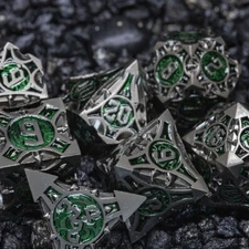 Sage's Runic Caltrops Black/Green Metal Polyhedral Dice Set DnD