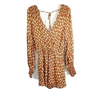 Emory Park Romper Shorts Plunge V-neck Women Size M Brown White Long Sleeve
