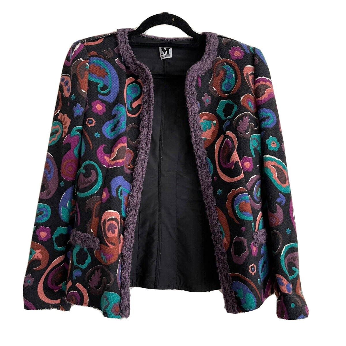 MISSONI M Size EU 40 US 6 Jacket Blazer Black Fringe Colorful Pattern Made Italy