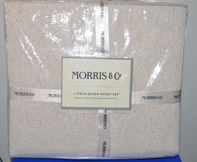 NEW Morris & Co DUVET Set QUEEN 3 PC Textured Botantical Floral Cream beige