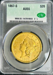 1867 S American Double Eagle Liberty Head Gold Coin $20 AU 55 CAC