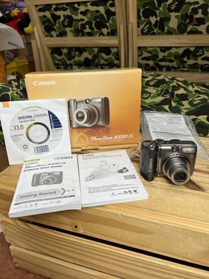 Canon PowerShot A590 IS 8.0MP Camera Gray W/Box Instructions & CD Tested Working
