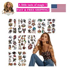76 Pcs Retro Temporary Tattoos Classic Old School Colorful Tattoos Stickers F...