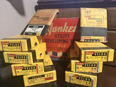 Vintage Darkroom Lot Kodak Velox Photo Paper 1951-52 + Yankee 4x5 Bakelite Tank