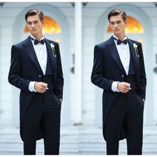 Black Tailcoat Men's Suit 3Pcs Formal Dinner Party Long Jacket Wide Peak Lapel