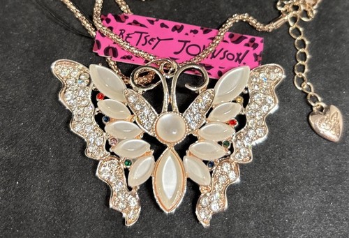Betsey Johnson Large Opals And Crystals Gold BUTTERFLY Pendant NECKLACE NWT - Picture 2 of 11