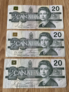 3 X CANADA CANADIAN $20 TWENTY DOLLAR BANKNOTE / BILL 1991 AVM / EVD / EWG