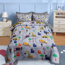 7 Pcs Comforter Set Queen Size, Construction Vehicles Car Bedding for Kids Te...
