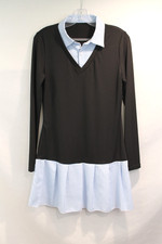 Womens Mini Shirt Dress size 6 Black Blue Striped Contrasts Layer Pleated Hem
